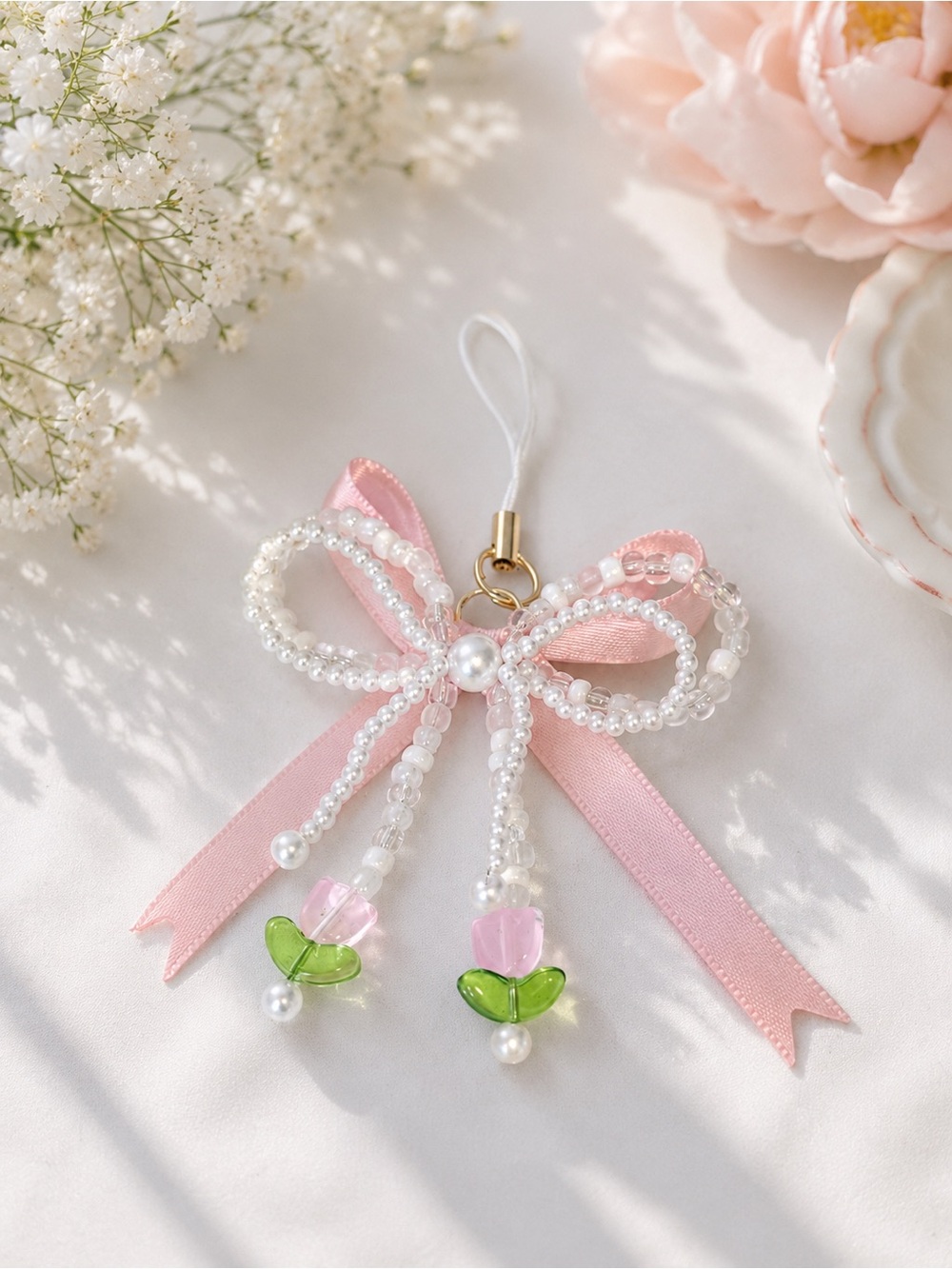 Pink Ribbon Pearl Charm for tumblers, purses, keychains, phone charm handmade